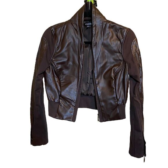 BEBE Crop Faux Leather Jacket S‎ Brown Moto With Pockets V Neck Bomber - Picture 1 of 15